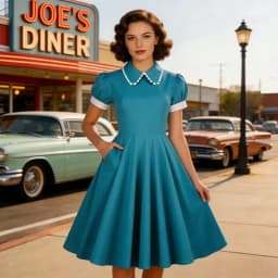 Tonval Peter Pan Collar Puff Sleeve Turquoise Cotton Dresses Women 2026 Elegant Plain Vintage Style Pockets Side Midi Dress