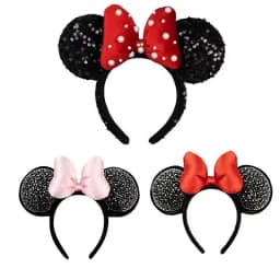 3D Velvet Mouse Ears Headband with Pearls Beads, Red Bow Hairband, Park Party Headwear for Women Girls Hair Accessories