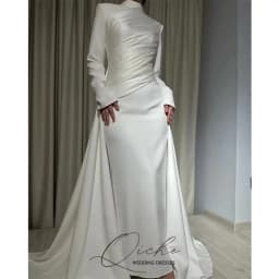 QICHE Muslim Wedding Dresses Long Sleeve High Neck Bride Party Dress Customized Saudi Arabic Bridal Modest Prom Gowns