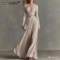 Elegant Sexy Deep V Neck Slim Maxi Dress Women Long Sleeve Ruched Waist Formal Gown Spring Casual Solid Sashes Boho Long Dresses