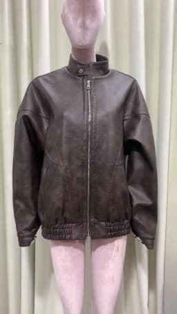 Lautaro Autumn Cool Handsome Distressed Brown Oversized Pu Leather Jacket Women Zippper Stand Collar American Retro Clothing