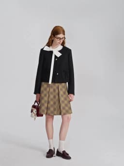 DUSHU Women's Black Wool Short Blazer With Bow Detail Structured Shoulder Slimming Cropped Jacket Top Elegant Boutique Style