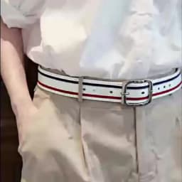 White PU Men's Belt with Red and Blue Striped Design, Adjustable Silver Slide Buckle, Perfect for Casual Jeans, Smart Casual & B