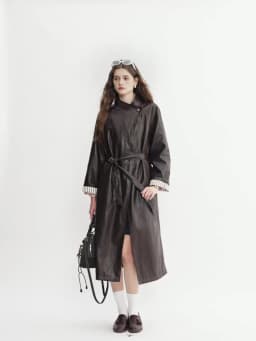 DUSHU Plus Size Women's [COCO MOUSSE] Protein Leather Stand-Up Collar Long Overcoat 2025 Autumn Stylish Leather Jacket