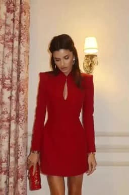 Chic Chest Hollow A-line Red Short Dresses Retro Long Sleeved Waist Padded Shoulder Suit Dress New Commuting Gown Woman Clothing