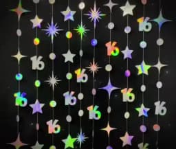 Iridescent Number 16 Paper Star Dot Garland Hanging Bunting for Sweet Rose Gold 16th Happy 16st Birthday Anniversary Party Decor