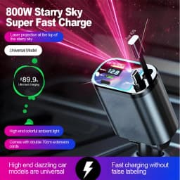120W Retractable Car Charger with Roof Starlight USB C Cable Fast Charger Cigarette Lighter Adapter For IPhone Huawei Samsung