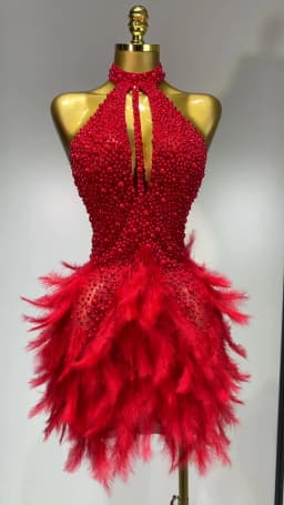 Luxury Rhinestones Pearls Halter Backless Short Feathers Dress Women Sexy Celebrate Birthday Dress Performance Dance Costume