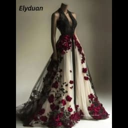 Black Ivory Gothic Wedding Dress Halter Beaded 3D Red Floral Appliques A-Line Tulle Long Vintage Bridal Gowns Customized