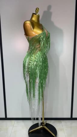 Sparkly Diamond Tassels Sexy Mesh See Through Bodycon Dress Women Nightclub Bar Evening Party Gogo Dancer Singer Stage Costume