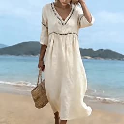 Summer V Neck Half Sleeve Loose Beach Holiday Dress Women Casual Hollow Out Design Solid Color A-line Midi Dress Boho