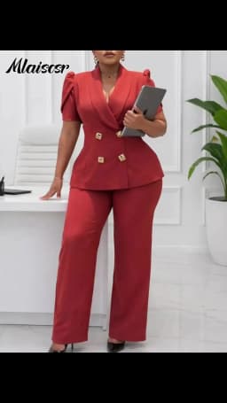 Mlaiscsr Women's Red Two Piece Pant Set Business Suit Puff Sleeve Blazer with Gold Buttons Wide Leg Trousers Office Work Outfits