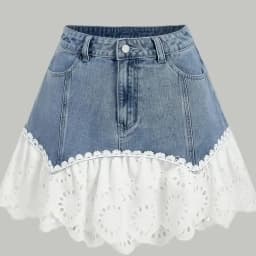 2026 New Women's Summer High Waist Denim Patchwork Lace Eyelet Ruffle Hem Mini Skirt Cute Y2K Streetwear A-Line Skirt