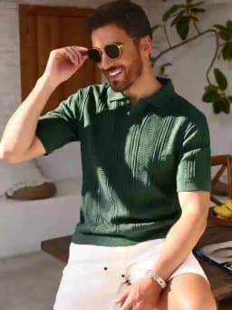 New 2026 Knitted Polo Shirt - Twisted Knit Texture Men's Summer Casual Collar Short Sleeve Buttoned Solid Color Hooded Knitted T