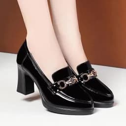Spring New High Heels Dress Shoes Pointed Toe Woman Pumps Black Medium Heel Patent Slip on Square Heel Leather Shoes