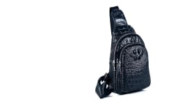 SCHLATUM 100% Cowhide Leather Men Crocodile Grain Fashion Black Multifunctional Leather Chest Bag