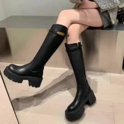 Women Knee High Boots Buckle Strap Chunky Platform Long Boots Autumn Winter Round Toe Side Zip Riding Knight Boots Shoes