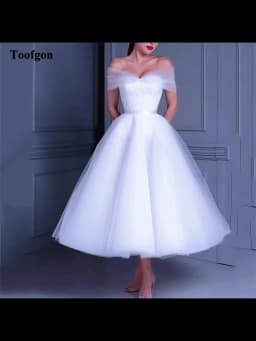 Toofgon Simple Tea Length Midi Wedding Dresses Off The Shoulder Lace Top Tulle Bridal Gowns Bride Formal Party Dress Customized