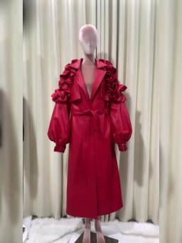 Mauroicardi Autumn Extra Long Red Soft Pu Leather Coat Women Ruffled Lantern Sleeve Back Slit Elegant Luxury Designer Clothes
