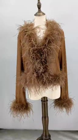 Women See-Through Top with Real Ostrich Feather Brown Black Cropped Jacket Top Bolero 240711