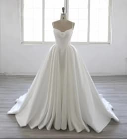 Spaghetti Straps V Neck Chapel Train Mikado Ball Gown Wedding Dress