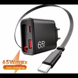 65W Type C Charger Retractable Integrated Cable USB Phone Charger USB C Cable EU/US Plug For iPhone Samsung Xiaomi Fast Charge