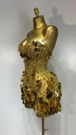Sparkly Gold Rhinestone Sequins Sexy Strapless Mesh See Through Mini Dress Women Eveing Party Birthday Nightclub Stage Costume