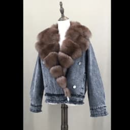 Denim Coat with Real Large Fox Fur Collar for Women, Furry Jacket, Fluffy Suit, Luxurious Brown and Yellow Coat, Winter Fashion