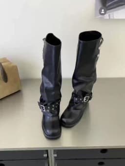 Eilyken Punk Style Foldable Snap‑Button Belt Straps Women Knee-High Boots Fashion Slouchy Wide Calf Pipe Booties Shoes