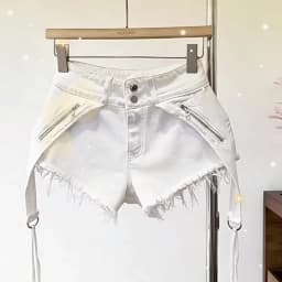 White Zipper Splicing High Waist Buckle Rough Edge Irregular Denim Shorts Summer A-word Wide-leg Hot Pants