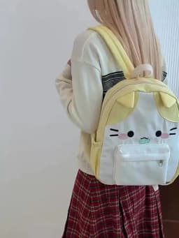 Women's Lovely Waterproof Nylon Backpack with Cartoon Cat Eat Fish Design Schoolbag for Girls with Stitch Detail Book Bag