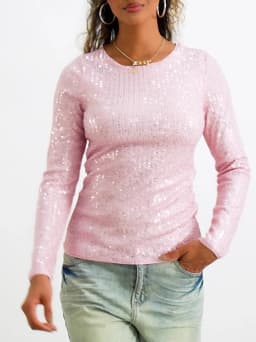 Women Spring Fall Long Sleeve Cropped Tops Sequins Basic T-shirt Casual Pullover for Club Streetwear Aesthetic Clothes