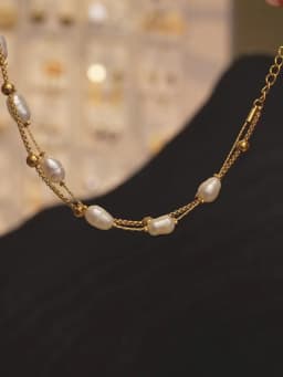 Yhpup Natural Pearls Double Layer Chain Stainless Steel Charm Bracelet Bangle Women Stylish Summer Jewelry Waterproof