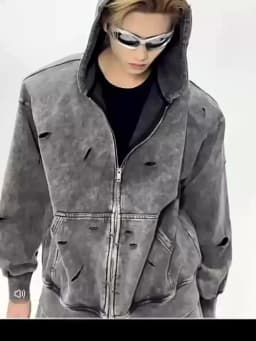 Autumn Winter Ripped Hole Punk Vintage Zip Up Hoodies Man Woman High Street Washed Distressed Sweatshirt Sudaderas