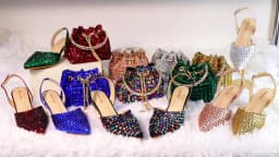 Shiny Gold Rhinestone Shoe & Bucket Bag Set | Pointed Crystal Heels, Womens Lux Wedding Eve Bridal Formal Prom Match Purse Kits