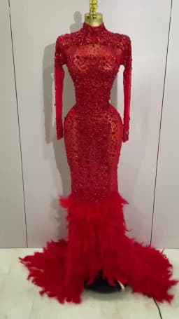 New Sexy Sparkling Red Crystals Feathers Long Sleeve Mermaid Maxi Dress Women Wedding Celebrate Luxury Birthday Party Prom Gown