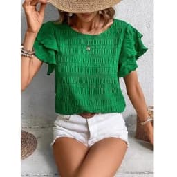 Top Women Solid Color Blouses O-Neck T-shirts Casual Fashion Ruffle Sleeves Vintage Female Shirts Grace Summer Streetwear