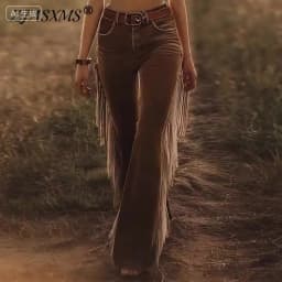 2026 Spring Casual Solid Slim Straight Pants Woman High Waist Tassel Flare Trousers Autumn Retro Streetwear Pants Harajuku Mujer