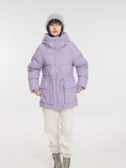 Metersbonwe Women's Adjustable Waist Drawstring Down Coat Puffer 85% Duck Down Hooded Patch Pockets Warm Winter Puffer Jackets