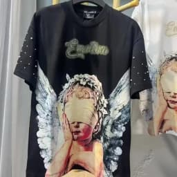 Mixed Emotion American Mask Wearing Angel Print Beaded Loose Short Sleeved T-shirt for couples Men Women Tee Tops