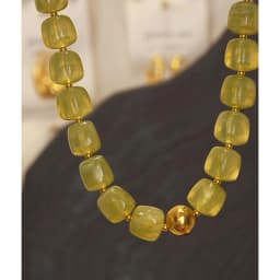 Yhpup Acrylic Square Beads Chain Necklace Bracelet Bangle Stainless Steel Handmade Jewelry Waterproof Green Khaki Pink Amber