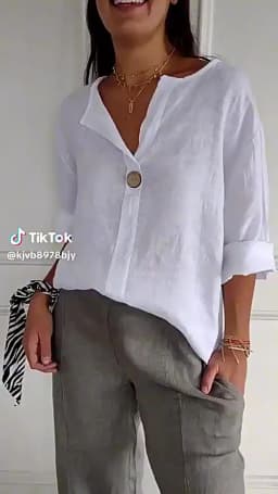 VEITCHE Spring Summer Women's Shirt Blouses Top V-neck Button Tee Shirts 3/4 Sleeve Casual Cotton Linen Top Loose Fit Pullover