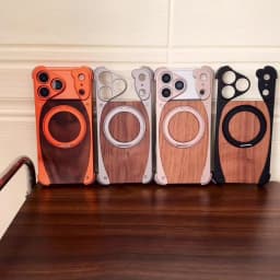 Aluminum Magnetic Wooden Case for iPhone 18 17 Pro Max 18 17 Pro Cover Walnut Real Wood Mag-safe Free Rotation Stand Shell