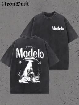 Retro Modelo 1925 Cerveza T Shirt Men Washed Cotton Oversized UFO Cowboy Graphic Tee Casual Streetwear Summer Short Sleeve