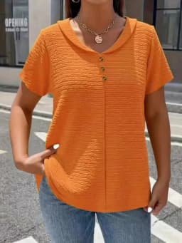 Plus size spring and summer new fashionable elegant pure color textured fabric buttoned doll neck short sleeve multi-scene match