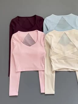 Women Deep V Mesh Back Cutout Crop Long Sleeve Yoga Top Slim Quick Dry Breathable Running Fitness Sports Tee