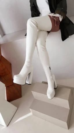 Ultra-High Hollow Thick Heel Elastic PU Material Knee Boots Ultra-High Waterproof Platform Side Zipper Tight-Fitting Long Boots