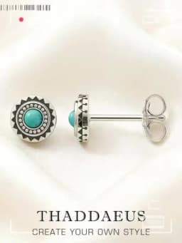 Round Turquoise Ethno Studs Earrings Pure 925 Sterling Silver Vintage Jewerly Gift For Women Men