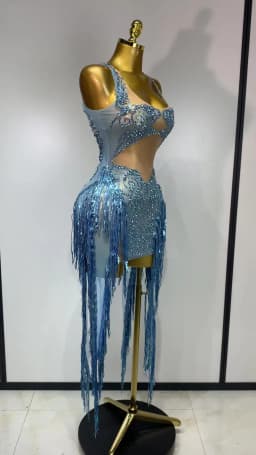 Sparkly Blue Rhinestone Tassel Mesh See Through Dress Pole Dancer Singer Outfit Women Sexy Evening Party Club Stage Costume