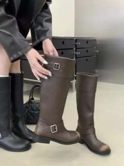 Eilyken New Design Splicing Belt Buckle Knee-High Boots Women Retro Round Toe Square Low Heels Autumn Winter Shoes